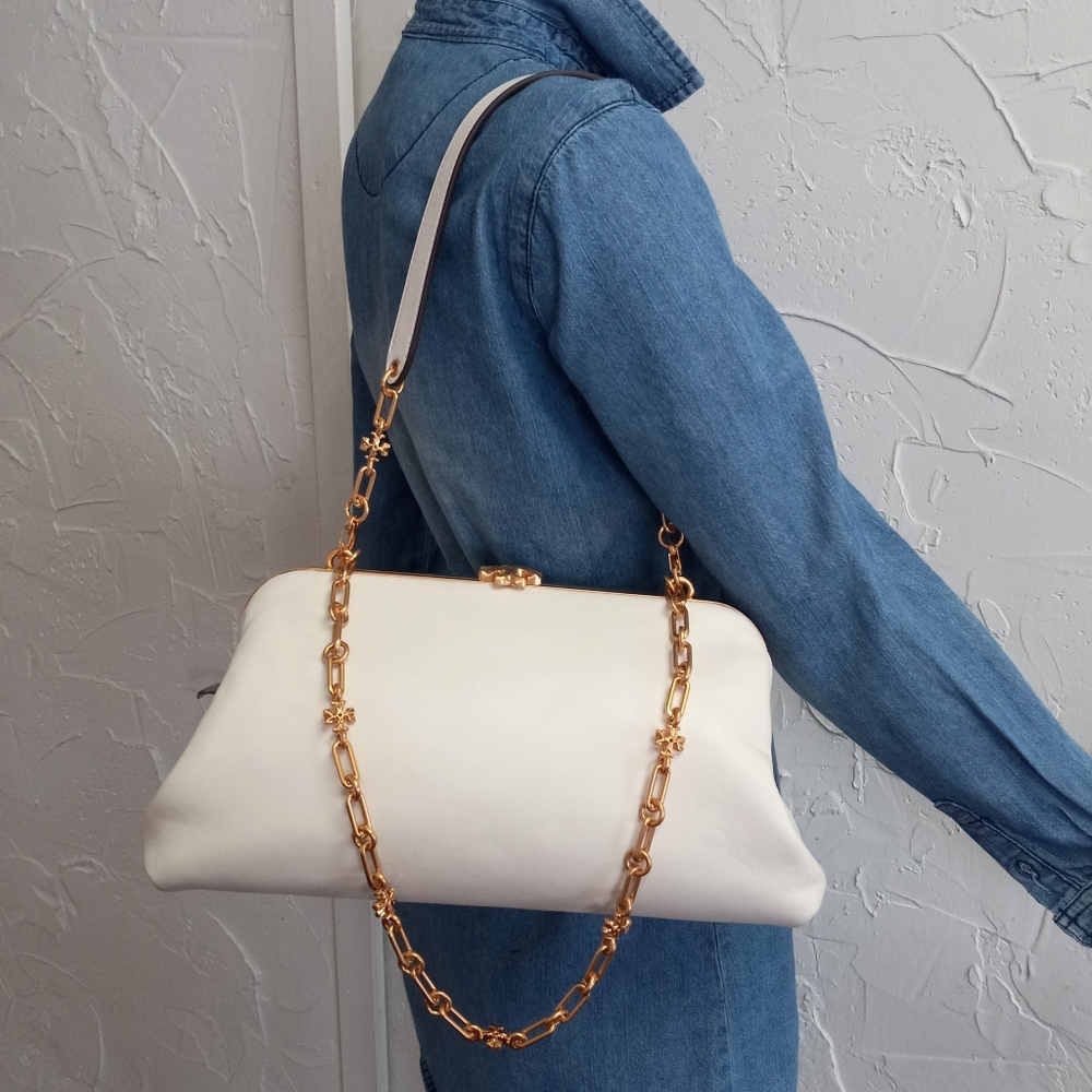 Tory Burch Cleo Shoulder Bag in New Ivory, Large size Frame bag.